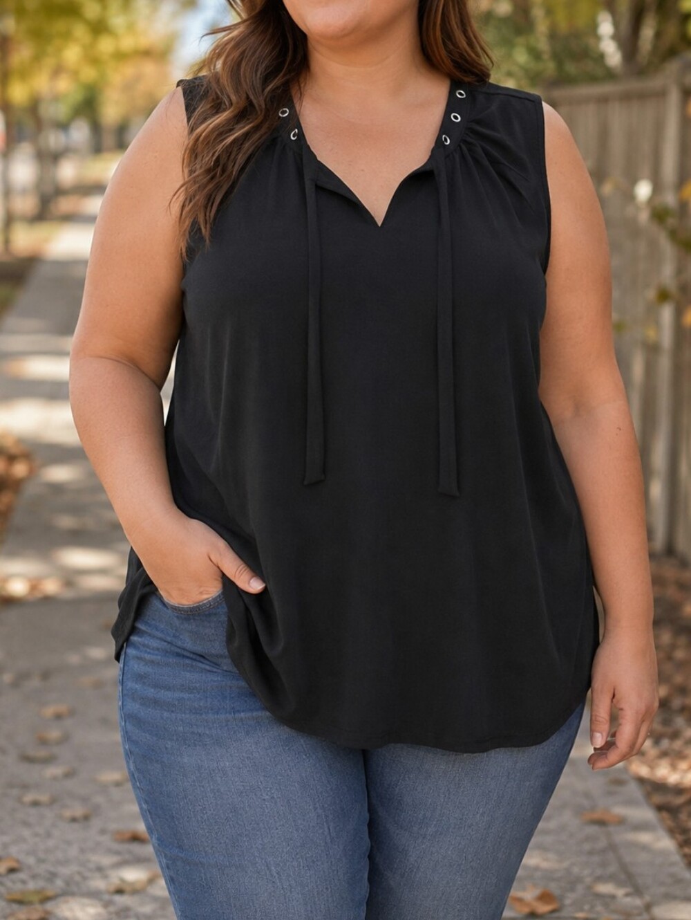 Lily Morgan Plus Size Black Sleeveless Grommet Tie Neck Blouse Casual Vacation